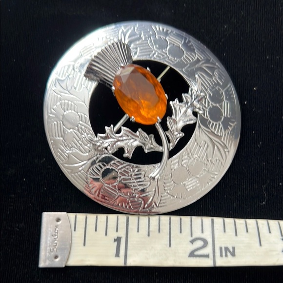 Scottish Large Plaid Brooch Thistle  Silver Tone Orange Stone Brooch Mizpah - Picture 6 of 7